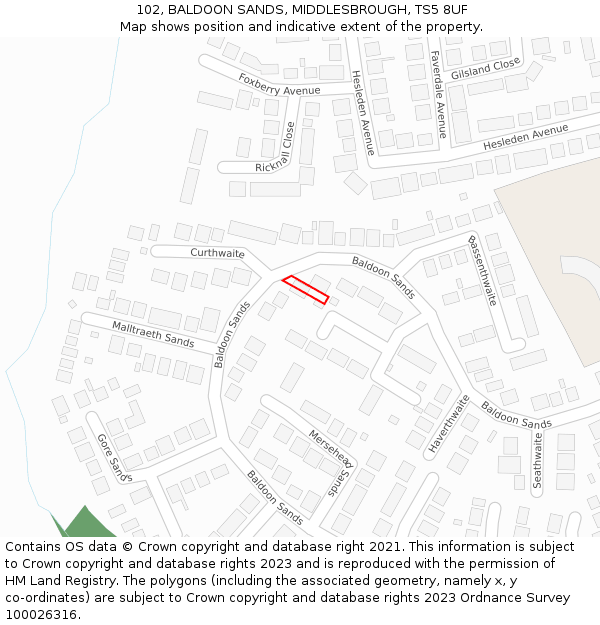 102, BALDOON SANDS, MIDDLESBROUGH, TS5 8UF: Location map and indicative extent of plot