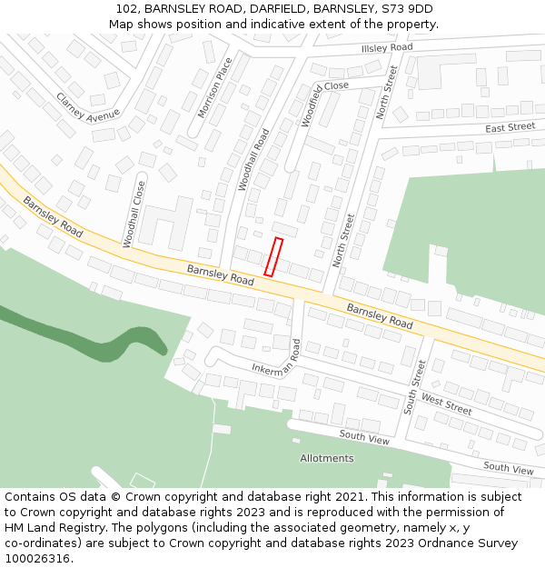 102, BARNSLEY ROAD, DARFIELD, BARNSLEY, S73 9DD: Location map and indicative extent of plot