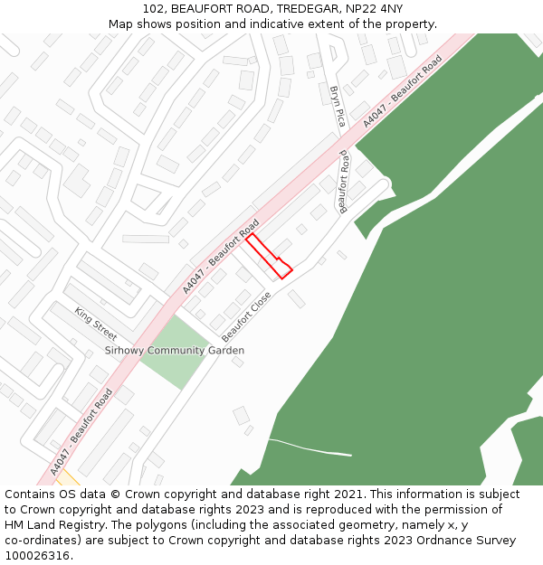 102, BEAUFORT ROAD, TREDEGAR, NP22 4NY: Location map and indicative extent of plot
