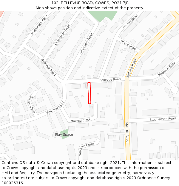 102, BELLEVUE ROAD, COWES, PO31 7JR: Location map and indicative extent of plot