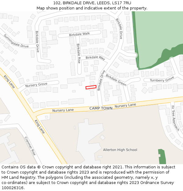 102, BIRKDALE DRIVE, LEEDS, LS17 7RU: Location map and indicative extent of plot