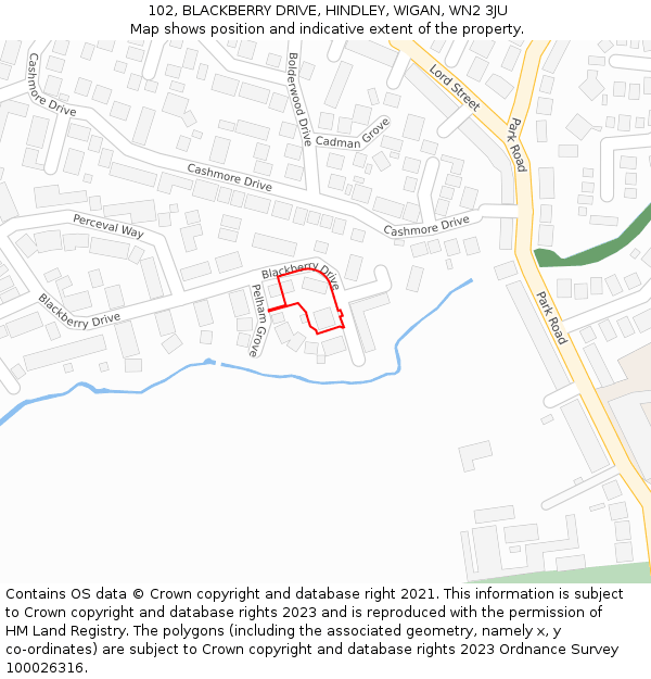 102, BLACKBERRY DRIVE, HINDLEY, WIGAN, WN2 3JU: Location map and indicative extent of plot