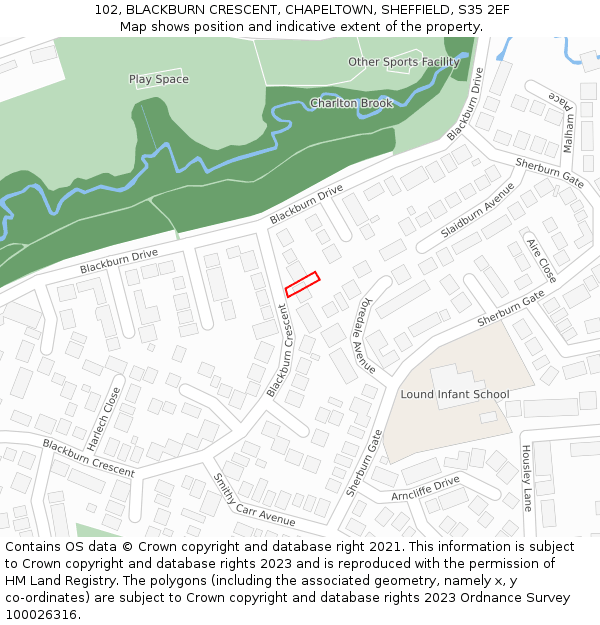 102, BLACKBURN CRESCENT, CHAPELTOWN, SHEFFIELD, S35 2EF: Location map and indicative extent of plot