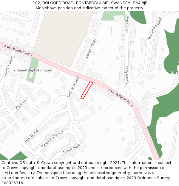 102, BOLGOED ROAD, PONTARDDULAIS, SWANSEA, SA4 8JP: Location map and indicative extent of plot