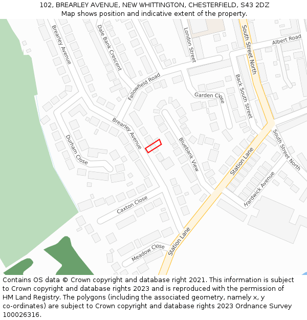102, BREARLEY AVENUE, NEW WHITTINGTON, CHESTERFIELD, S43 2DZ: Location map and indicative extent of plot