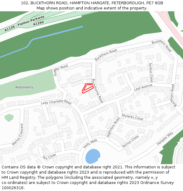 102, BUCKTHORN ROAD, HAMPTON HARGATE, PETERBOROUGH, PE7 8GB: Location map and indicative extent of plot