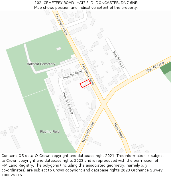 102, CEMETERY ROAD, HATFIELD, DONCASTER, DN7 6NB: Location map and indicative extent of plot