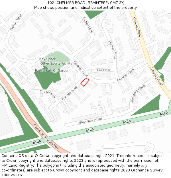 102, CHELMER ROAD, BRAINTREE, CM7 3XJ: Location map and indicative extent of plot