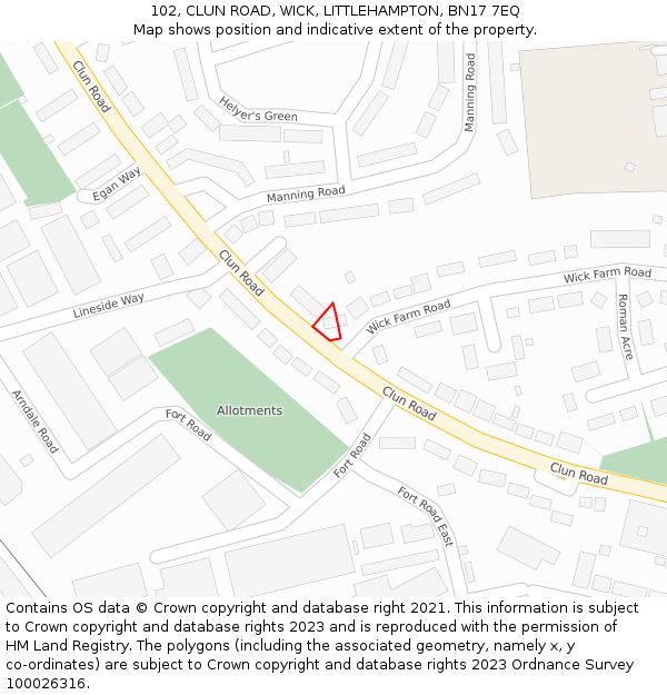 102, CLUN ROAD, WICK, LITTLEHAMPTON, BN17 7EQ: Location map and indicative extent of plot
