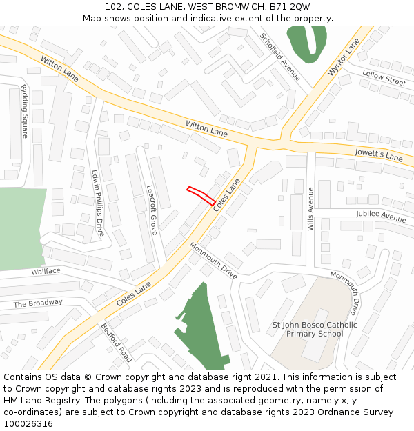 102, COLES LANE, WEST BROMWICH, B71 2QW: Location map and indicative extent of plot