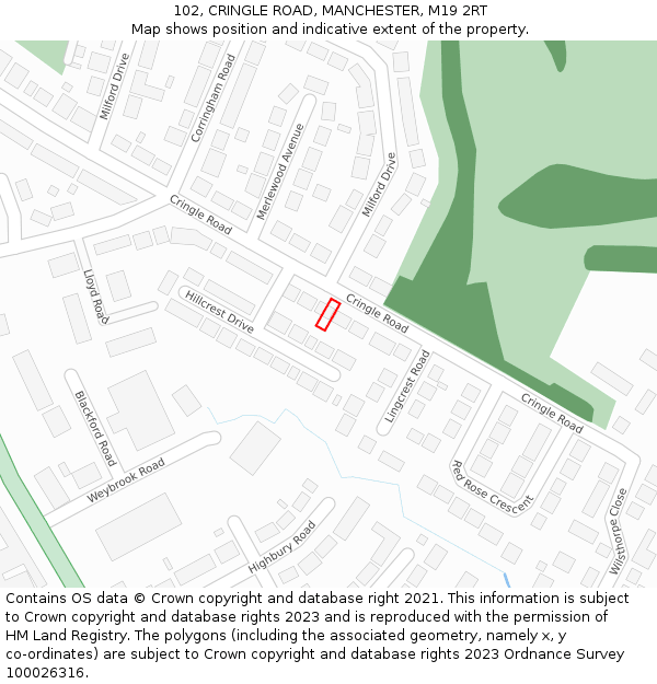 102, CRINGLE ROAD, MANCHESTER, M19 2RT: Location map and indicative extent of plot