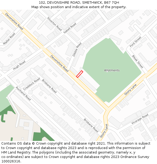 102, DEVONSHIRE ROAD, SMETHWICK, B67 7QH: Location map and indicative extent of plot