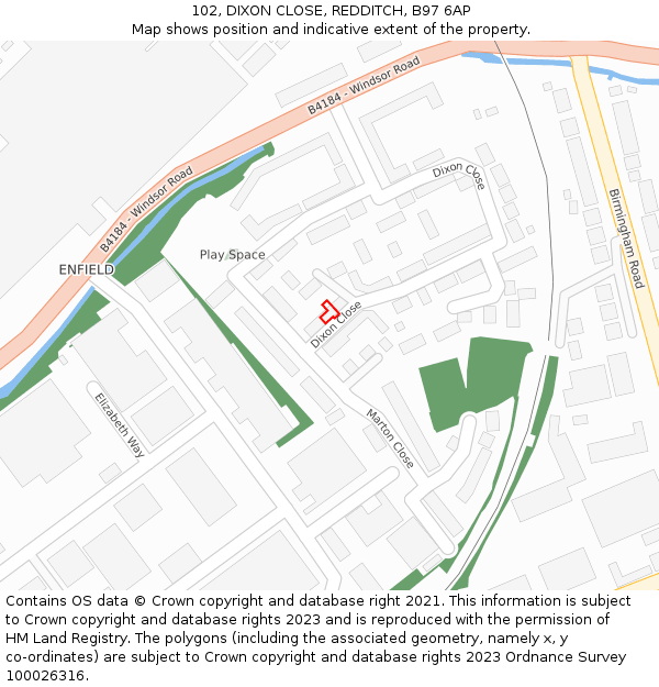 102, DIXON CLOSE, REDDITCH, B97 6AP: Location map and indicative extent of plot