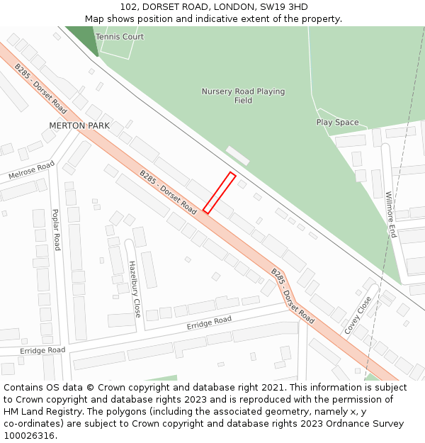 102, DORSET ROAD, LONDON, SW19 3HD: Location map and indicative extent of plot
