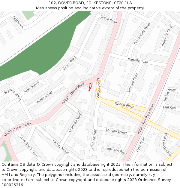 102, DOVER ROAD, FOLKESTONE, CT20 1LA: Location map and indicative extent of plot