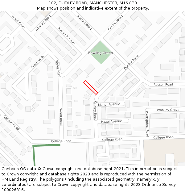 102, DUDLEY ROAD, MANCHESTER, M16 8BR: Location map and indicative extent of plot