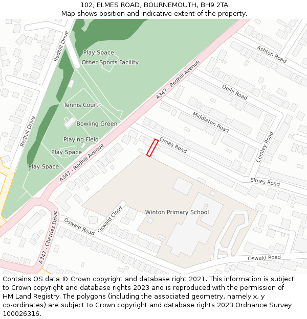 102, ELMES ROAD, BOURNEMOUTH, BH9 2TA: Location map and indicative extent of plot