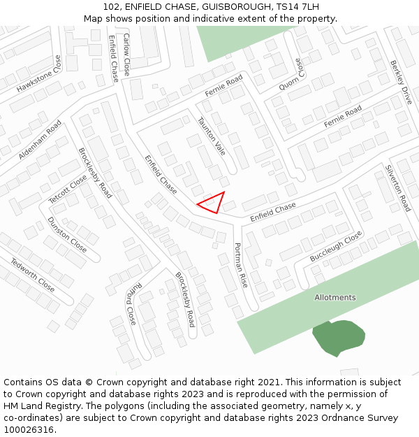 102, ENFIELD CHASE, GUISBOROUGH, TS14 7LH: Location map and indicative extent of plot
