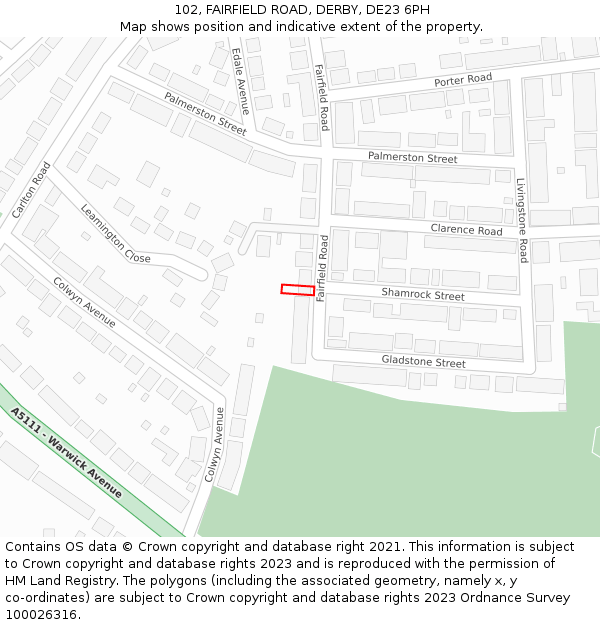 102, FAIRFIELD ROAD, DERBY, DE23 6PH: Location map and indicative extent of plot