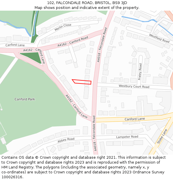 102, FALCONDALE ROAD, BRISTOL, BS9 3JD: Location map and indicative extent of plot
