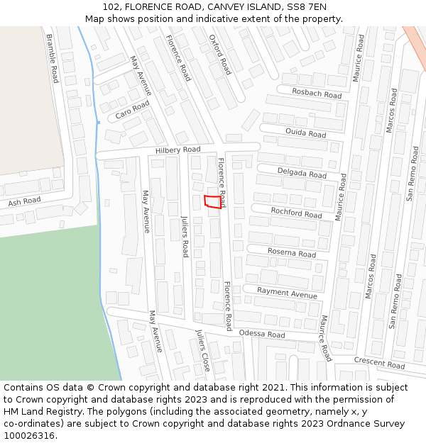 102, FLORENCE ROAD, CANVEY ISLAND, SS8 7EN: Location map and indicative extent of plot