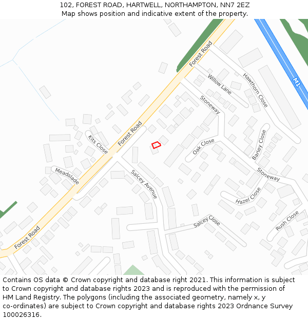 102, FOREST ROAD, HARTWELL, NORTHAMPTON, NN7 2EZ: Location map and indicative extent of plot