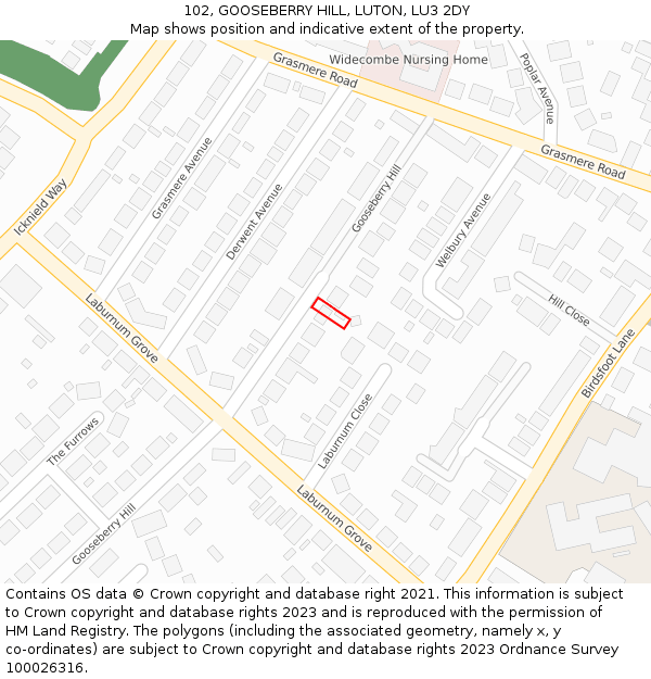 102, GOOSEBERRY HILL, LUTON, LU3 2DY: Location map and indicative extent of plot