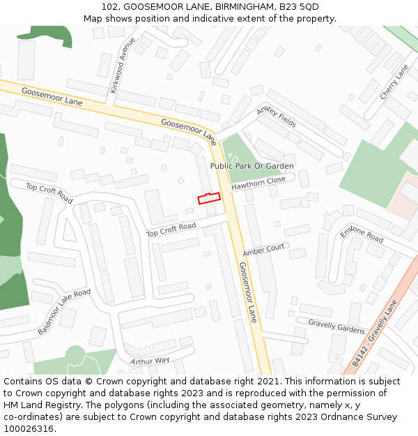 102, GOOSEMOOR LANE, BIRMINGHAM, B23 5QD: Location map and indicative extent of plot