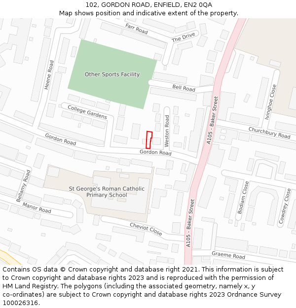 102, GORDON ROAD, ENFIELD, EN2 0QA: Location map and indicative extent of plot