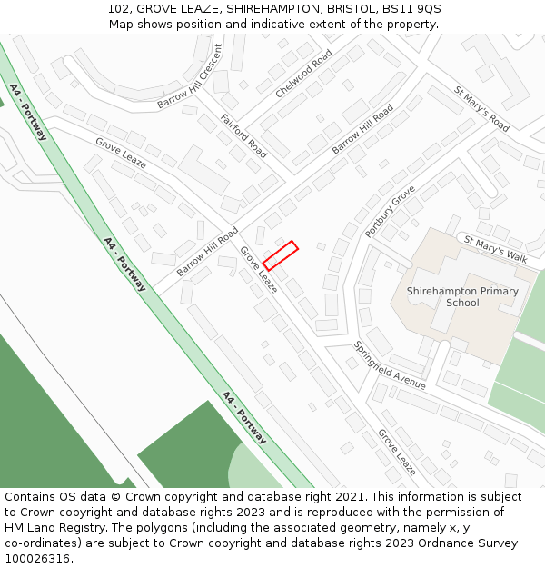 102, GROVE LEAZE, SHIREHAMPTON, BRISTOL, BS11 9QS: Location map and indicative extent of plot