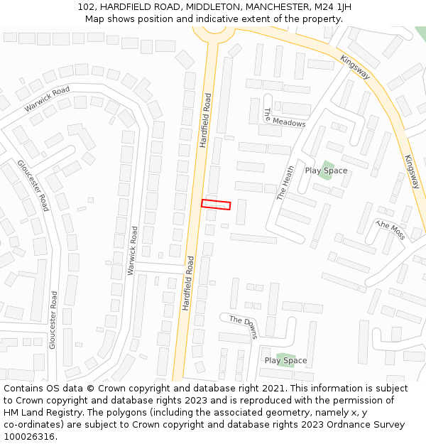 102, HARDFIELD ROAD, MIDDLETON, MANCHESTER, M24 1JH: Location map and indicative extent of plot