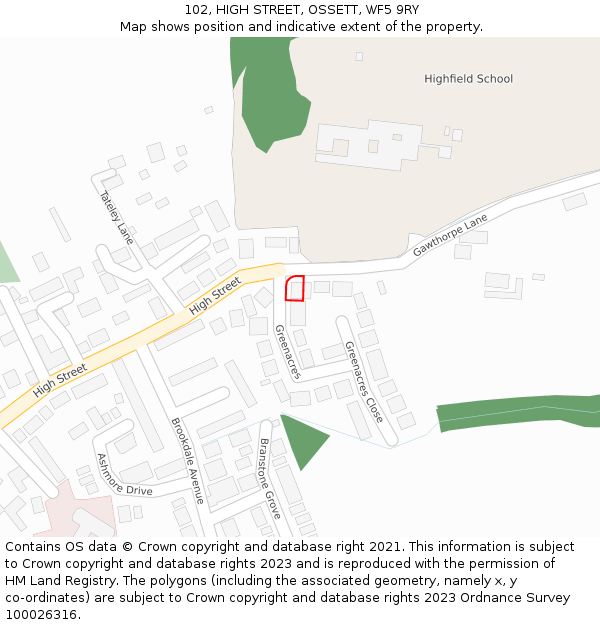 102, HIGH STREET, OSSETT, WF5 9RY: Location map and indicative extent of plot