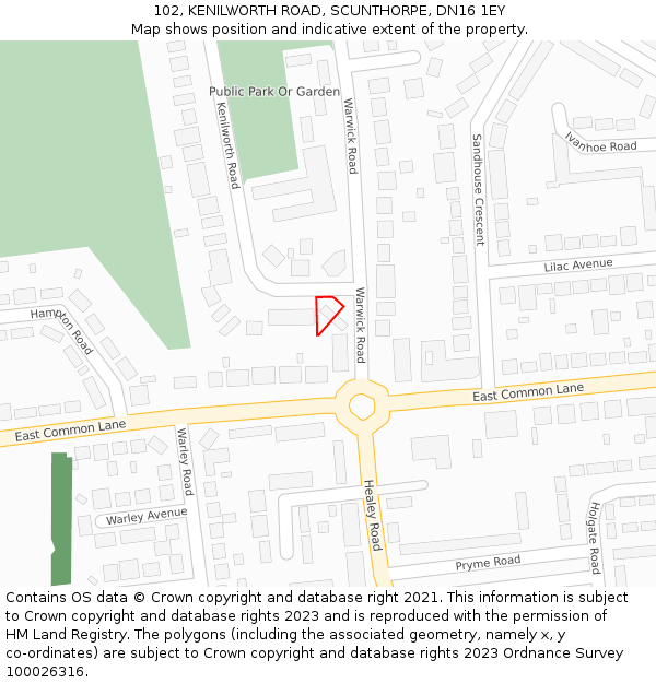 102, KENILWORTH ROAD, SCUNTHORPE, DN16 1EY: Location map and indicative extent of plot