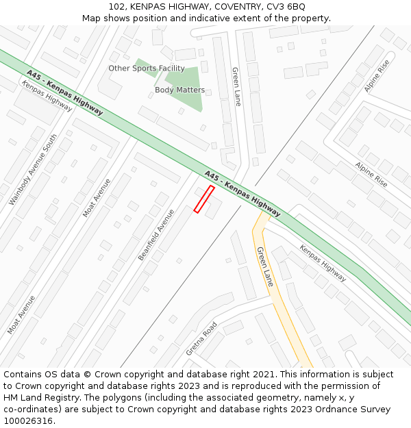 102, KENPAS HIGHWAY, COVENTRY, CV3 6BQ: Location map and indicative extent of plot