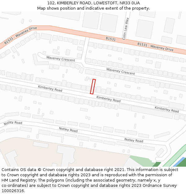 102, KIMBERLEY ROAD, LOWESTOFT, NR33 0UA: Location map and indicative extent of plot