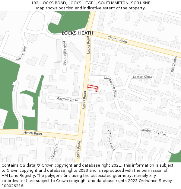 102, LOCKS ROAD, LOCKS HEATH, SOUTHAMPTON, SO31 6NR: Location map and indicative extent of plot