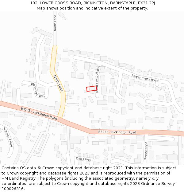 102, LOWER CROSS ROAD, BICKINGTON, BARNSTAPLE, EX31 2PJ: Location map and indicative extent of plot