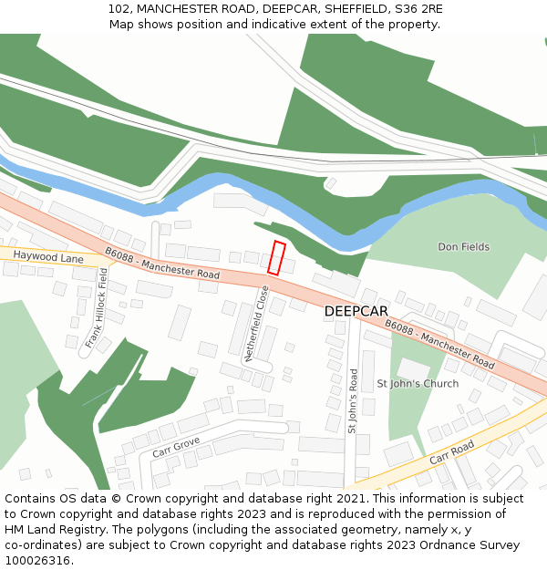 102, MANCHESTER ROAD, DEEPCAR, SHEFFIELD, S36 2RE: Location map and indicative extent of plot