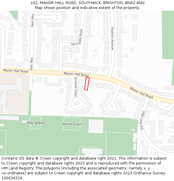 102, MANOR HALL ROAD, SOUTHWICK, BRIGHTON, BN42 4NN: Location map and indicative extent of plot