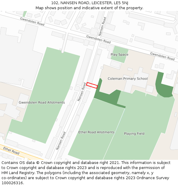 102, NANSEN ROAD, LEICESTER, LE5 5NJ: Location map and indicative extent of plot