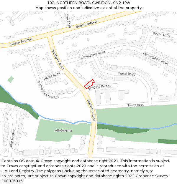 102, NORTHERN ROAD, SWINDON, SN2 1PW: Location map and indicative extent of plot