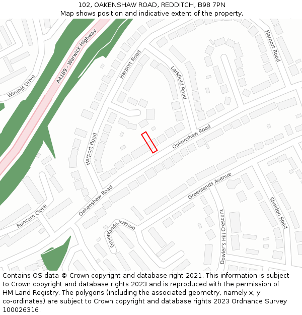 102, OAKENSHAW ROAD, REDDITCH, B98 7PN: Location map and indicative extent of plot