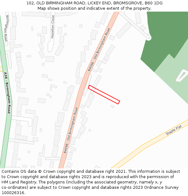 102, OLD BIRMINGHAM ROAD, LICKEY END, BROMSGROVE, B60 1DG: Location map and indicative extent of plot