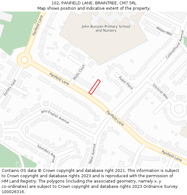 102, PANFIELD LANE, BRAINTREE, CM7 5RL: Location map and indicative extent of plot