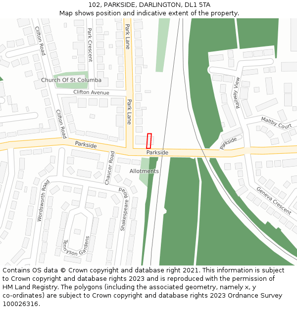 102, PARKSIDE, DARLINGTON, DL1 5TA: Location map and indicative extent of plot