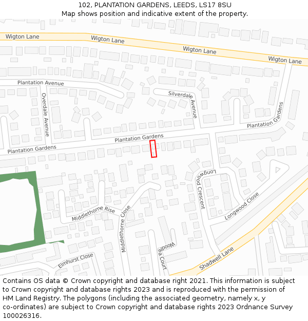 102, PLANTATION GARDENS, LEEDS, LS17 8SU: Location map and indicative extent of plot