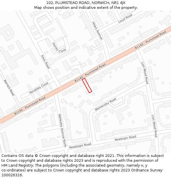 102, PLUMSTEAD ROAD, NORWICH, NR1 4JX: Location map and indicative extent of plot