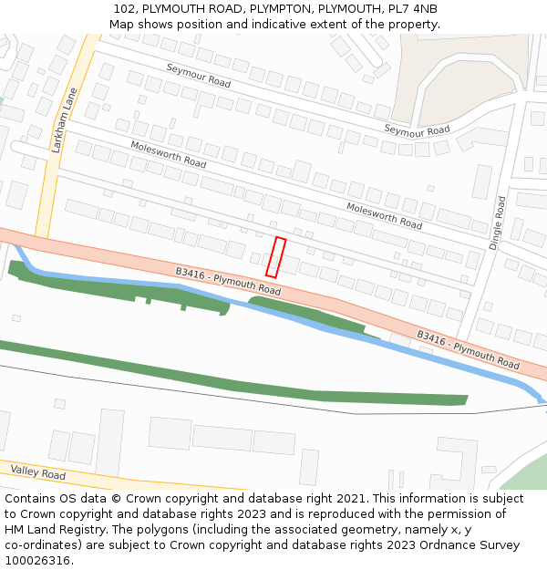 102, PLYMOUTH ROAD, PLYMPTON, PLYMOUTH, PL7 4NB: Location map and indicative extent of plot