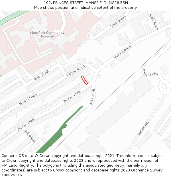 102, PRINCES STREET, MANSFIELD, NG18 5SN: Location map and indicative extent of plot