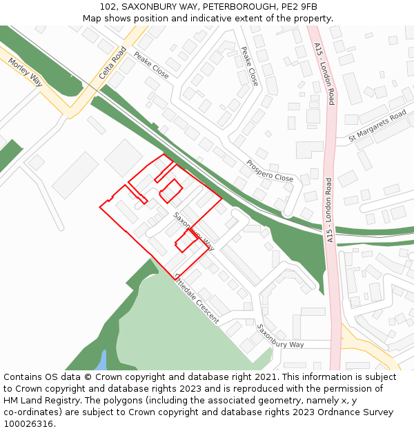 102, SAXONBURY WAY, PETERBOROUGH, PE2 9FB: Location map and indicative extent of plot
